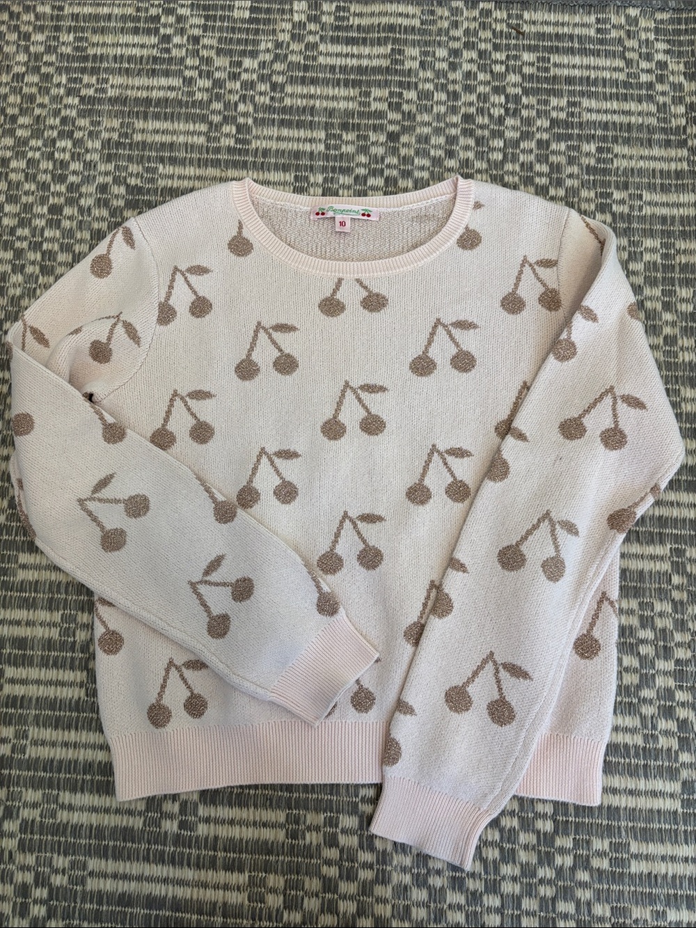 Girls Bonpoint Light Pink Crewneck Sweater with Brown Cherry Motif